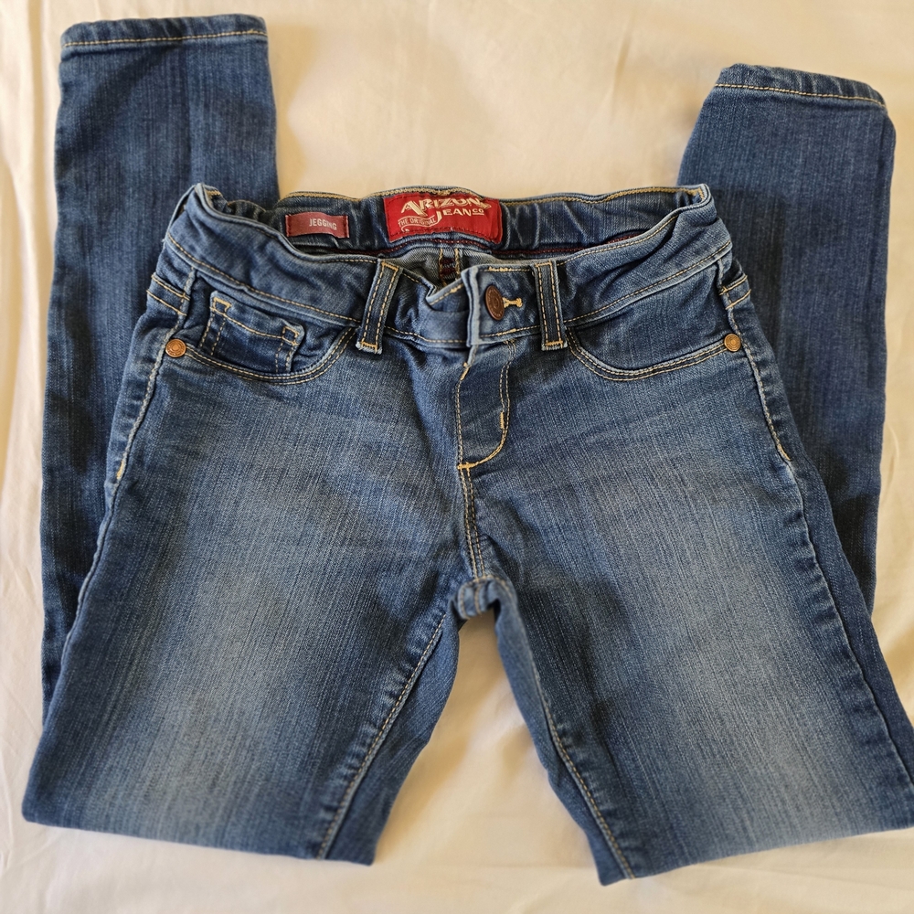 Arizona Jean Co Girls Jeggings Size 8 Regular Medium Wash Adjustable Waist Denim